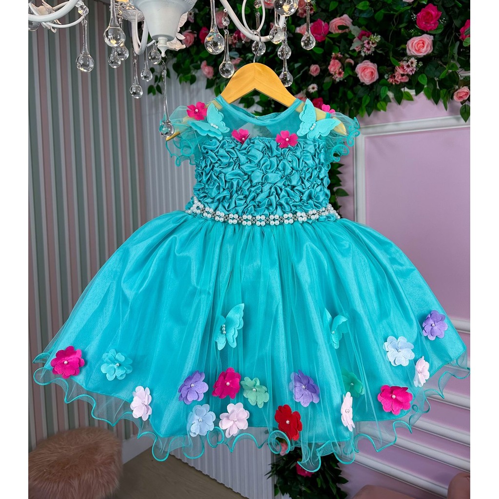 Vestido Princesa Belli Bia Jardim Encantado Verde Tiffany Formatura Noiva Batizado Elegante Luxo Clássico Cerimônia Festa Formal Princesa Sofisticado Delicado Glamouroso Chic Tradicional Romântico Solene Infantil Juvenil Festa Casual Menina