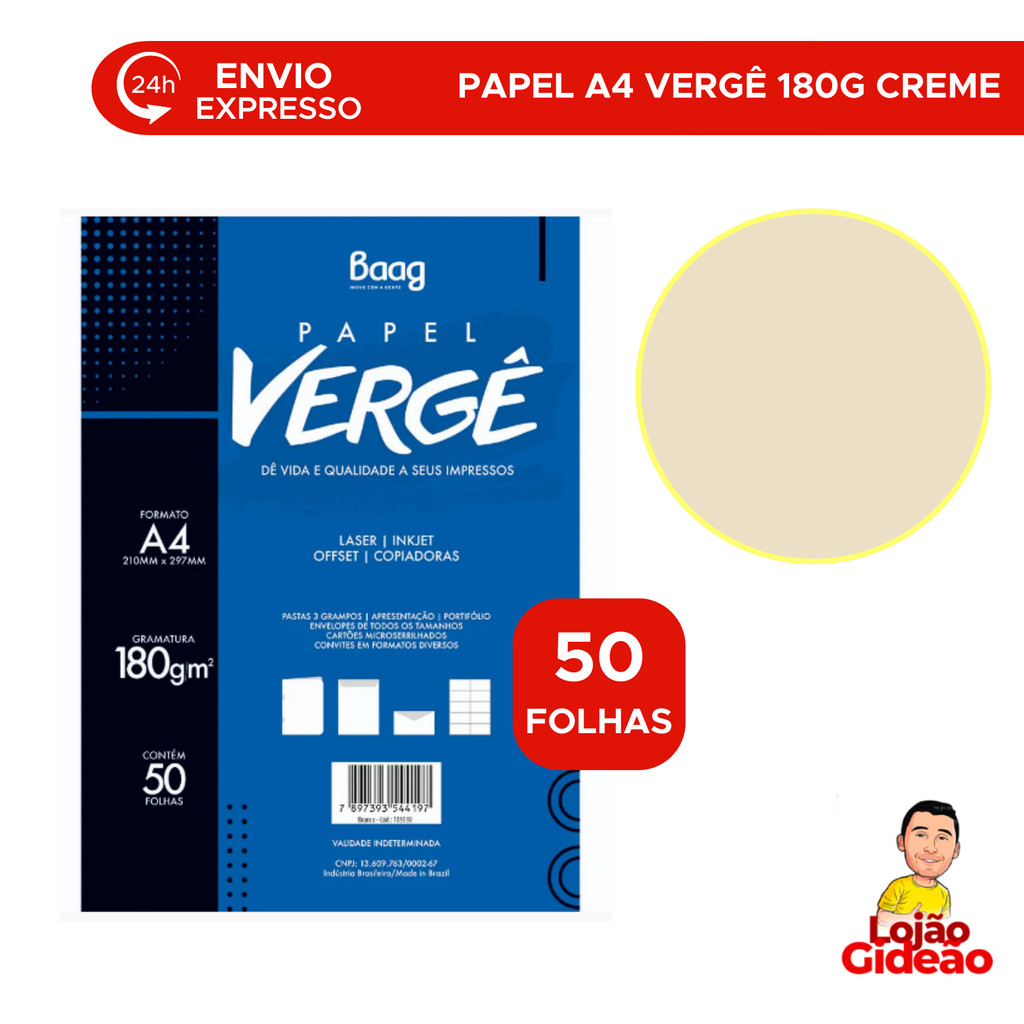 Papel Verge A4 Bege 180Gr Com 50 Folhas Para Convite Certificado Diploma