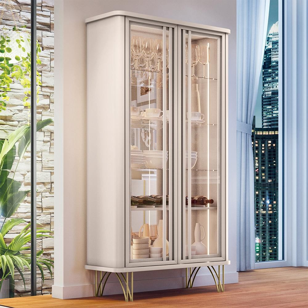 Cristaleira Decorativo com LED Portas de Vidro Texas Off White G26 - Gran belo em Oferta na Shopee