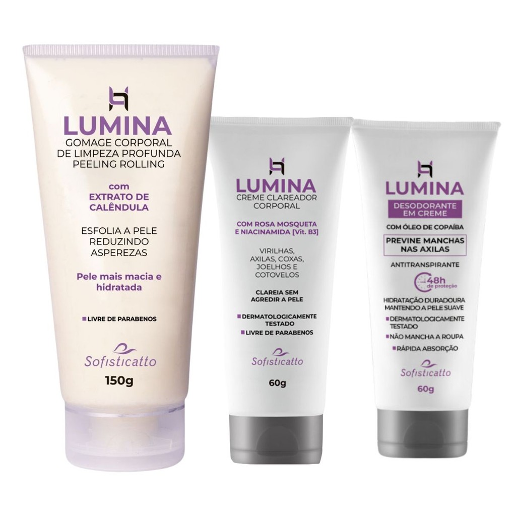 Lumina Clareador Virilha Axilas e Desodorante AntiTranspirante e Esfoliante Corporal Hidratação Skin care intima Kit