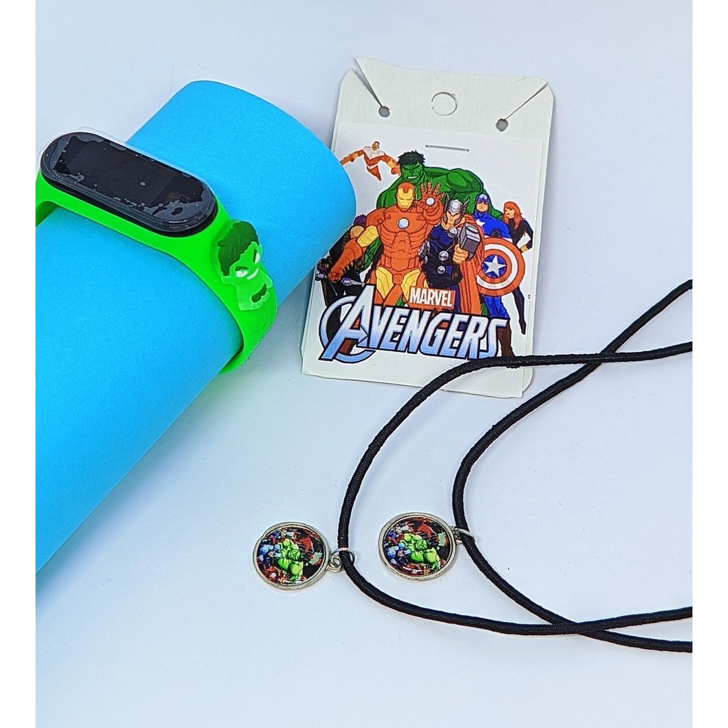 Kit Relógio Infantil Digital Led Silicone 3D Disney Anime Hulk Sereia + Colar Duplo Amizade Best Friends Menina Menino