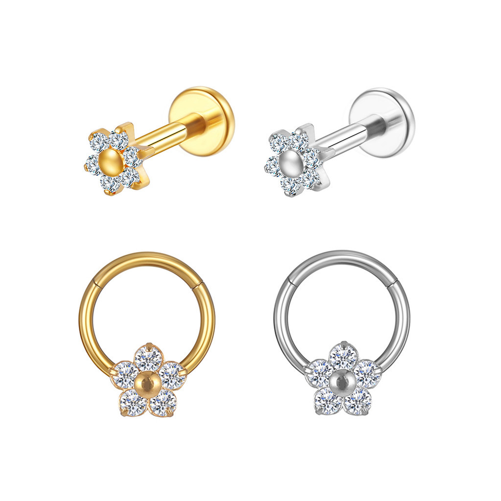 2PCS Kit Piercing Labret Aço Cirúrgico Flor Zircônias Ponto De Luz Helix Tragus em Oferta na Shopee