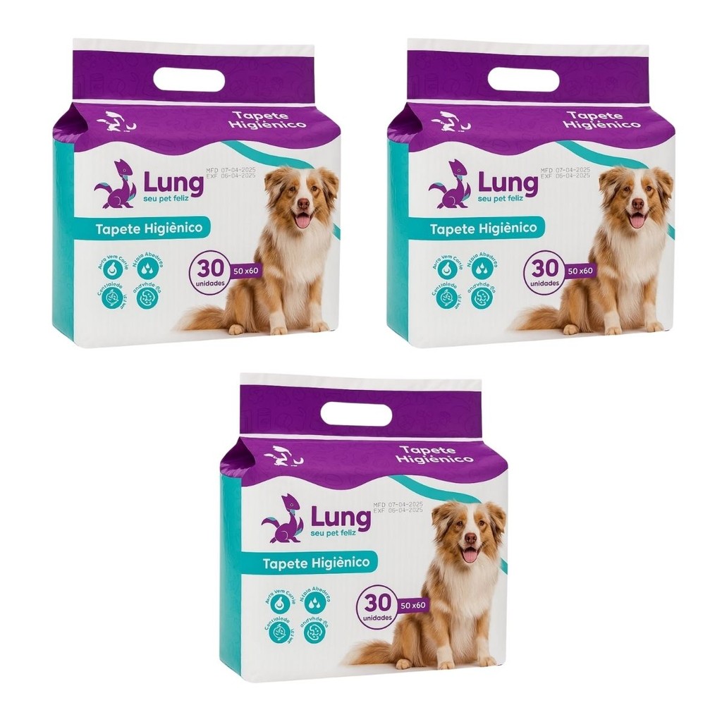 Kit 3 Tapete Higienico p/ Cachorro Pet 50x60cm 30un Colante c/ Aba Gel Absorvente Sanitário Prático