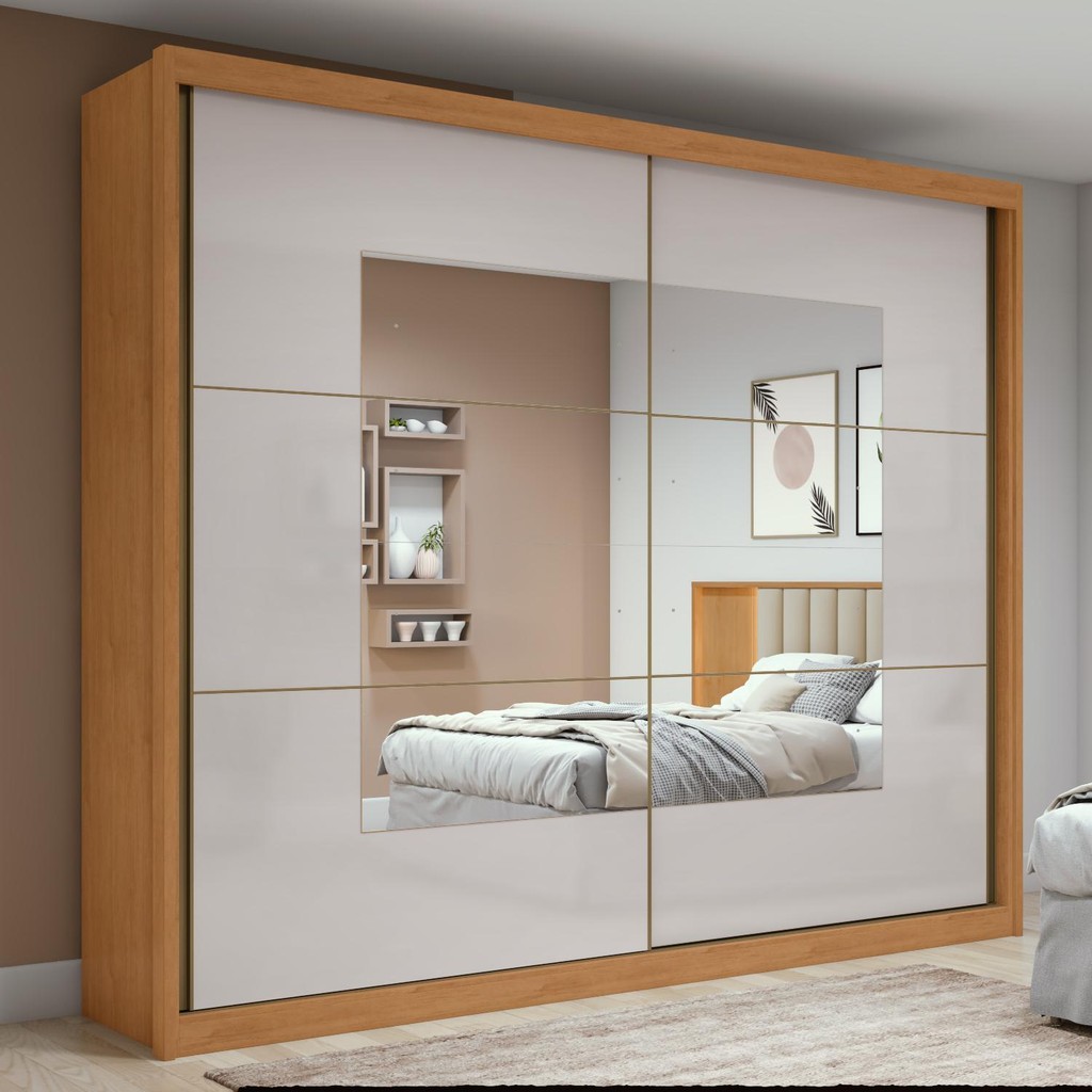 Guarda-roupa Casal 100% MDF 2 Portas 6 Gavetas Easy Max Com Espelho Amendoa/Off White