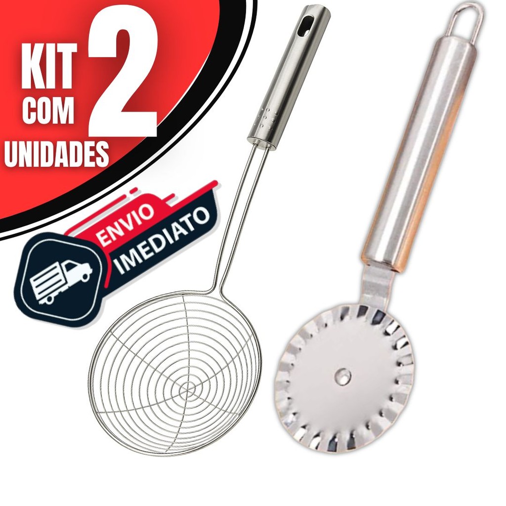 Kit 2 Escumadeiras De Fritura + Carretilha de Fechar Pastel | Utensílios Cozinha em Aço Inoxidável em Oferta na Shopee