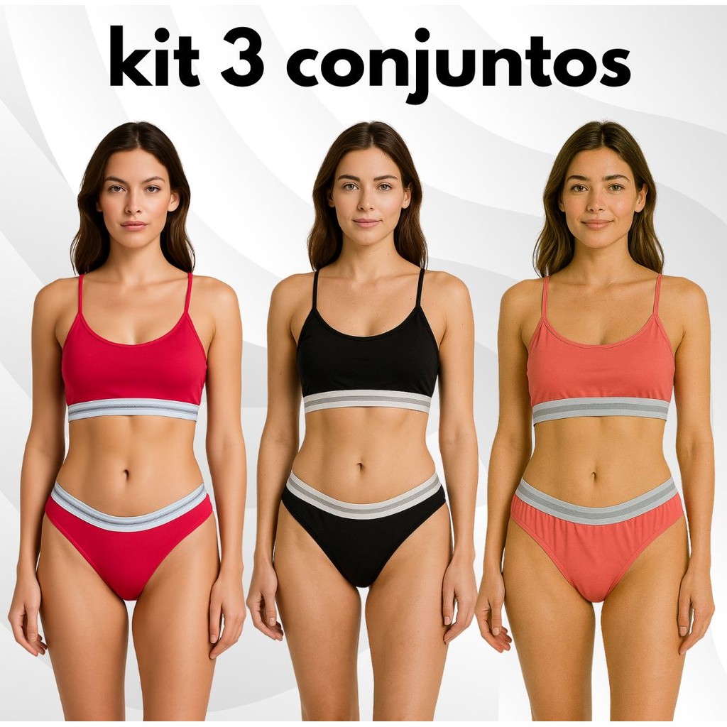 Kit Com 3 Conjuntos Calcinha e top Algodao Lisa Elastico Exposto Adulto Feminino Sem Bojo Lingerie