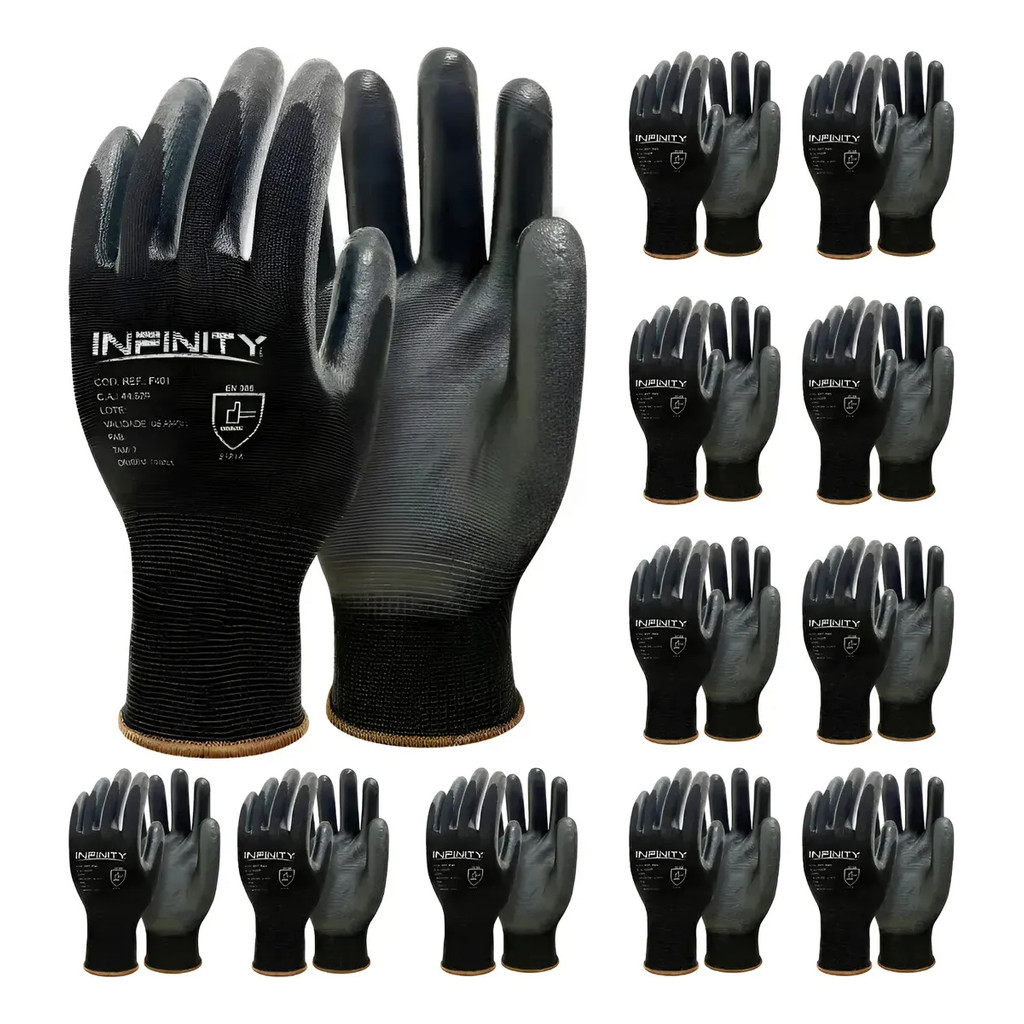 Kit 100 Luva De Segurança Multitato Tatil Banhada Luva Pu Black P M G GG Mecanico Pedreir Eletricist