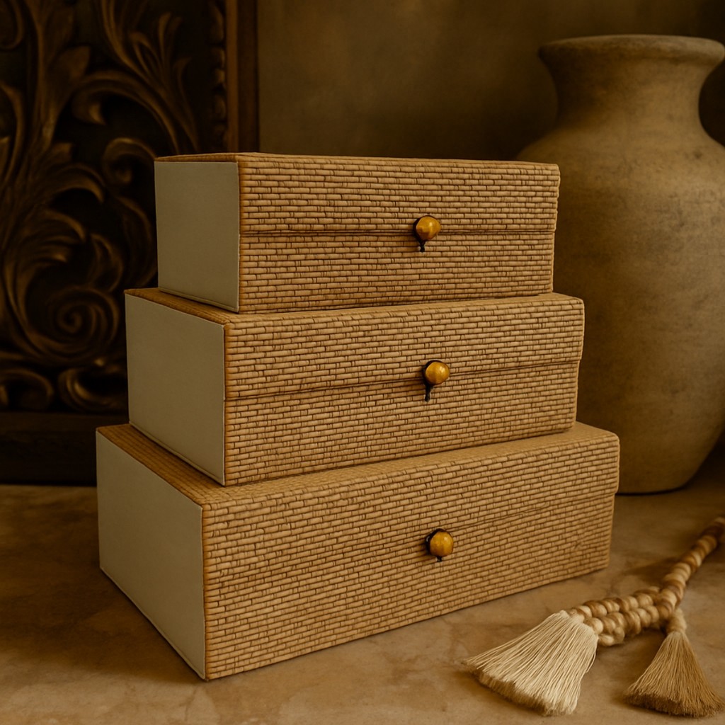 Kit 3 Caixas Organizadoras Porta-Objetos de Bambu Elegância Natural 30cm em Oferta na Shopee