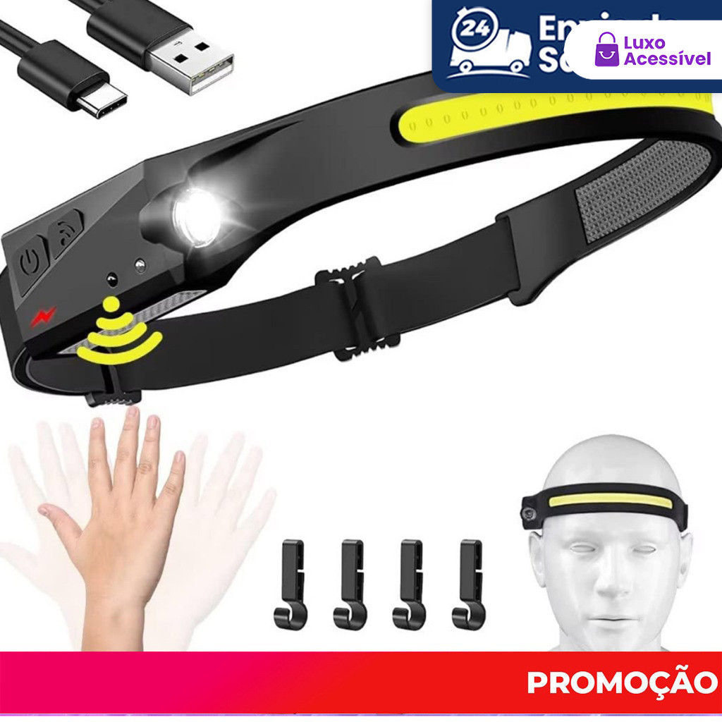 Lanterna de Cabeça LED Recarregável com USB - Corpo Motion, Lamp Light Torch Camping