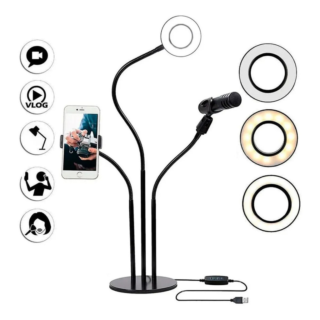Kit de Gravação 3 em 1 com Ring Light LED – Ideal para Lives