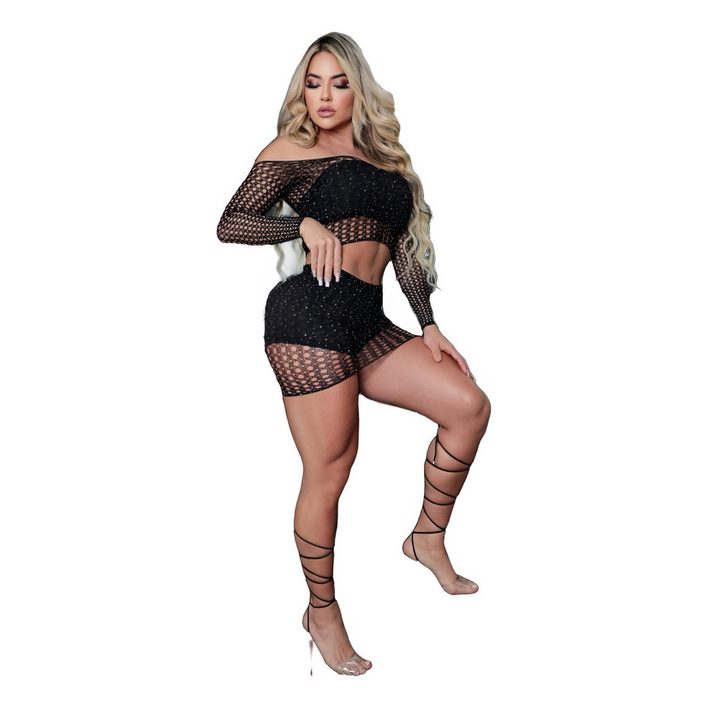 Conjunto Pedraria Cropped Manga Longa + Saia Curtinha Balada + TOP RENDA