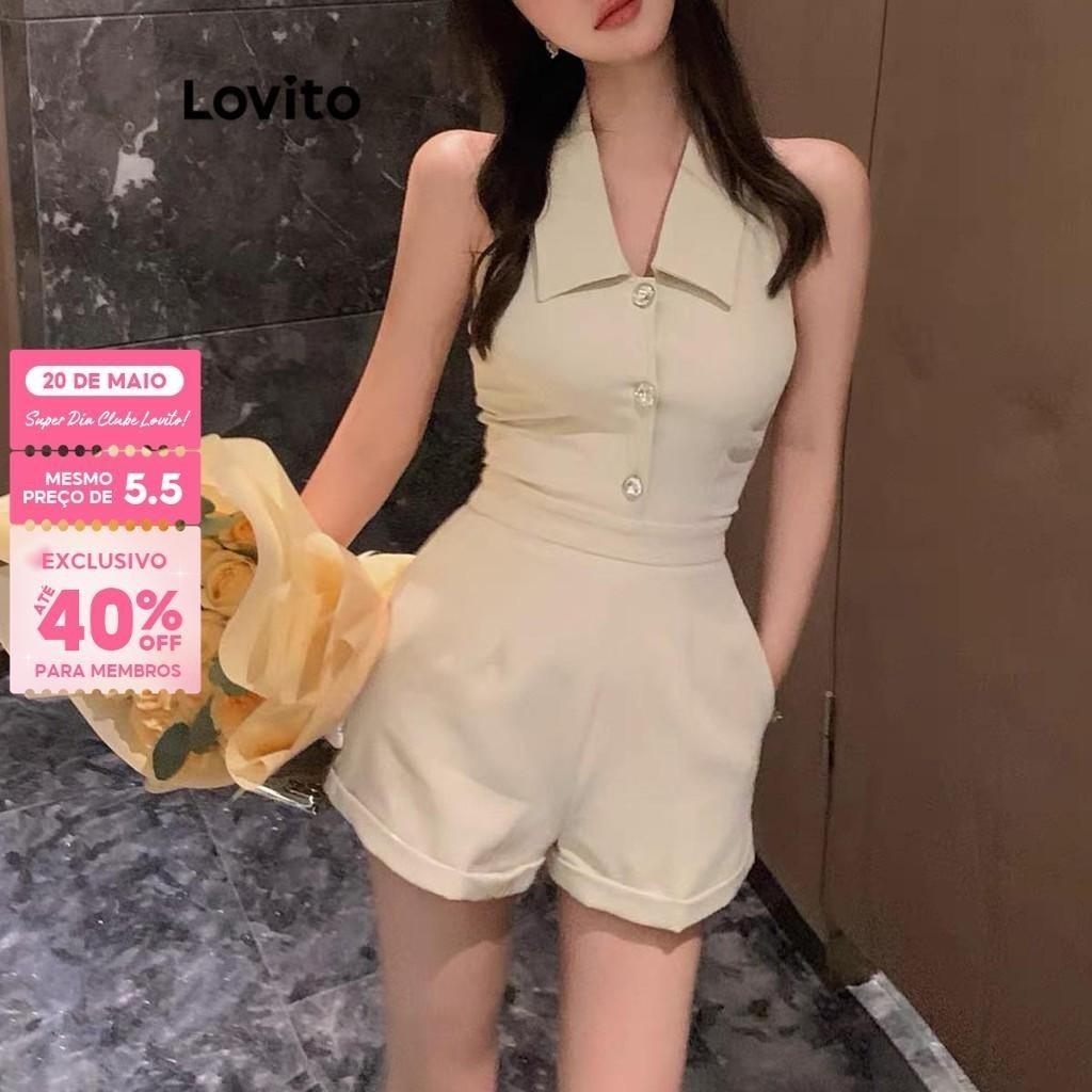 (Trendy) Lovito Elegante Macacão Feminino Liso Plissado L80ED470 em Oferta na Shopee