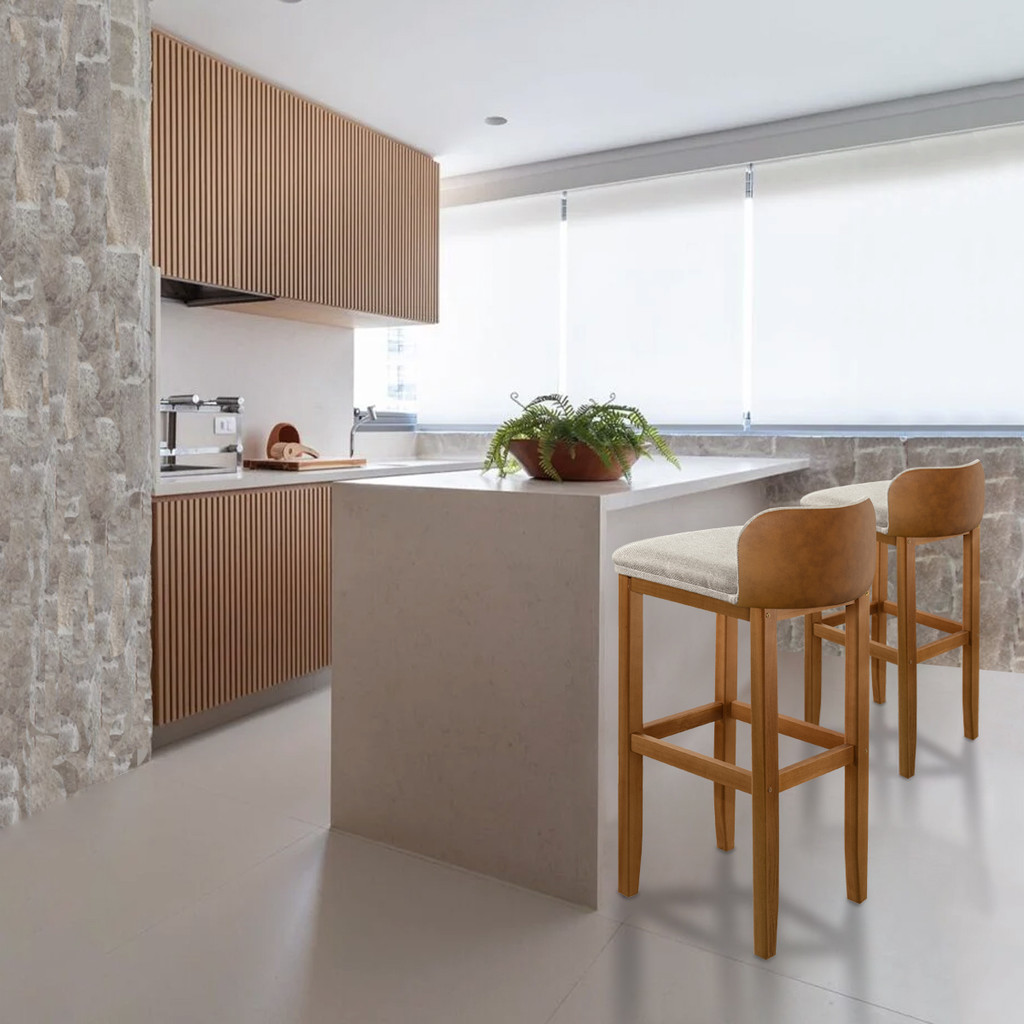 Kit 2 Banquetas Luxo Alta Onix - Base em Madeira Maciça - Estofado em Linho Com Composê no Corino - Morrom