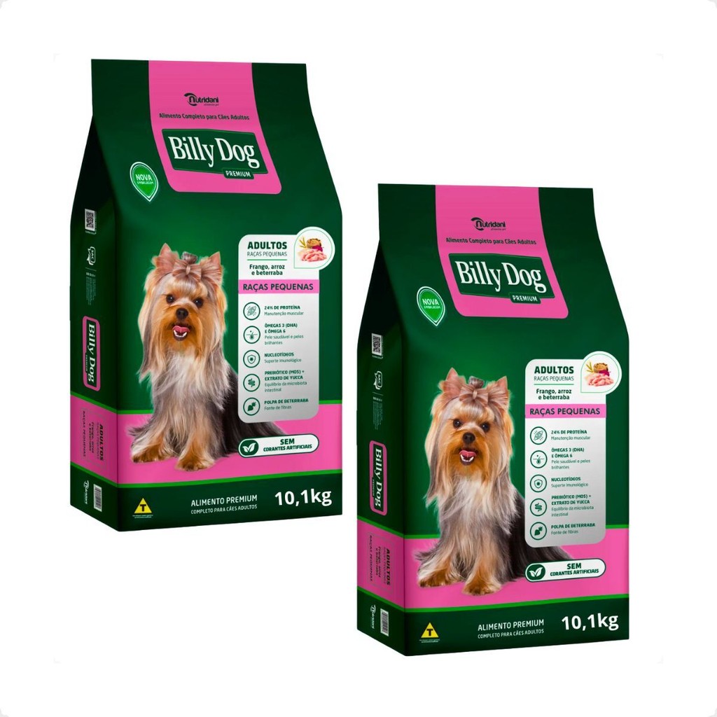 2 Ração Billy Dog Pequenas Raças Adultos 10,1kg Frango Arroz