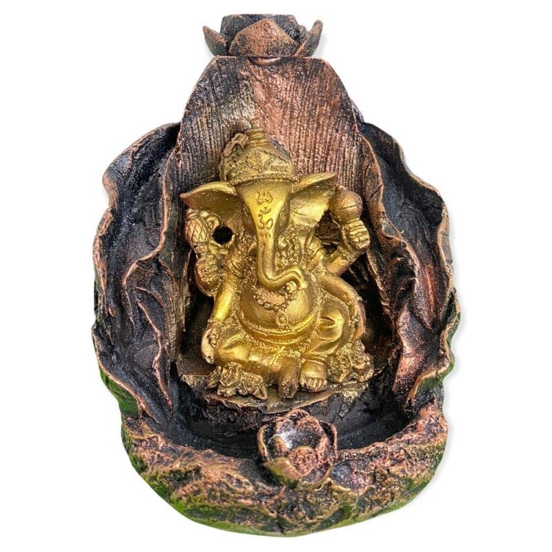 Incensário Cascata Folha Ganesh Cobre e Dourado 11 cm Resina