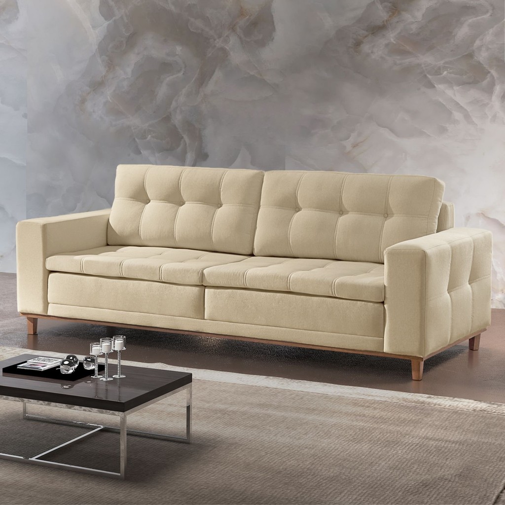 Sofá 2 Lugares 190cm Molas Ensacadas com Base Madeira Maciça Linho Braúna Bege - Home & Living