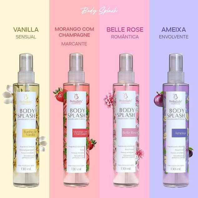 Kit com 4 Body Splash Desodorante Colônia Bio Instinto (Ameixa, Vanilla, Belle, Morango)