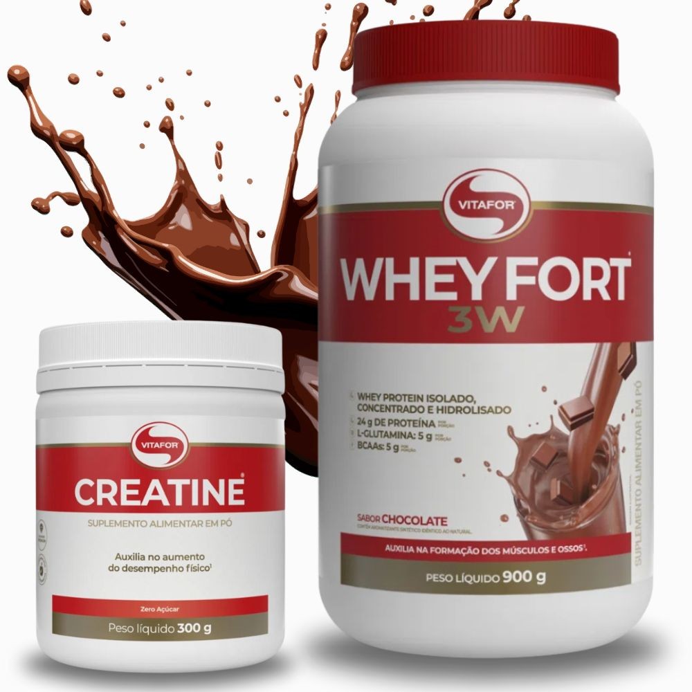 Kit Whey Fort 3W 900g Chocolate + Creatina 300g Vitafor