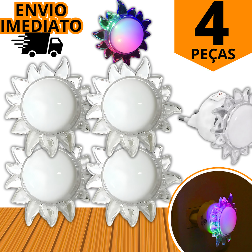 Kit 4 Luminária Led Abajur Infantil Sol Com Botão LIGA/DESLIGA Tomada Bivolt 127/220v Quarto Sala Casa Colorido em Oferta na Shopee