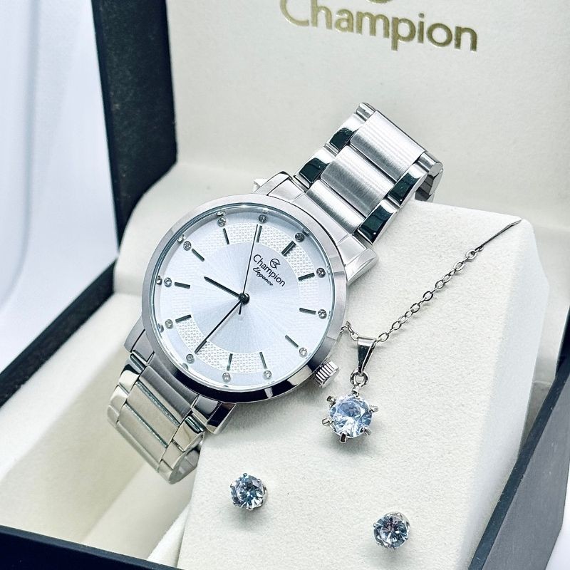 Kit Relógio Feminino Champion Elegance + Colar e Brincos Original Presente CN25627Y