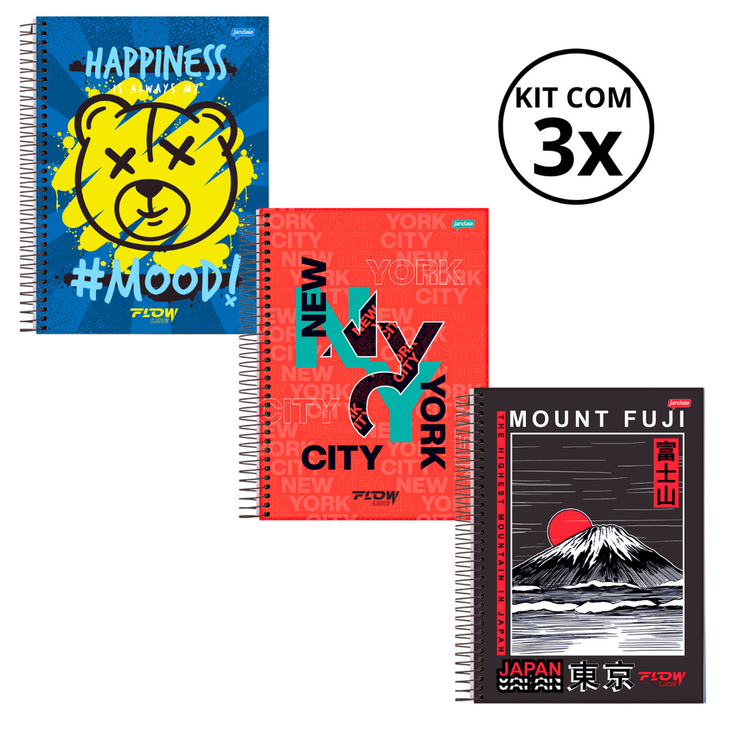 Kit 03 Cadernos Universitário 10 Matérias 160 Folhas Flow - Jandaia CAPA:Urso/NovaYork/Japão em Oferta na Shopee