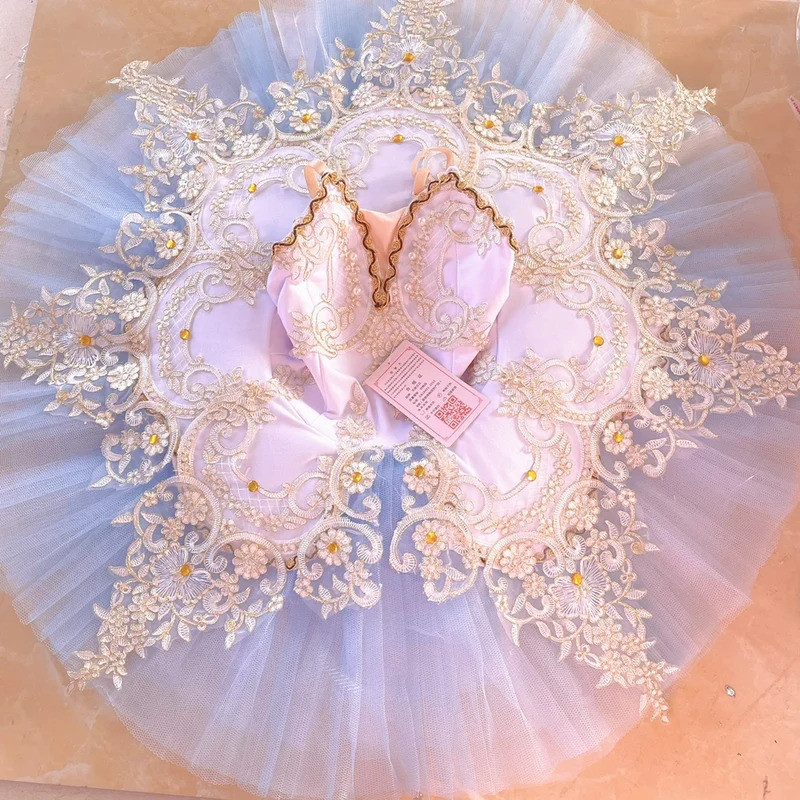 Azul Claro Profissional Ballet Tutu Rendas Apliques Trajes Para Meninas Adultas Dançando Crianças Bailarina Vestido Plis