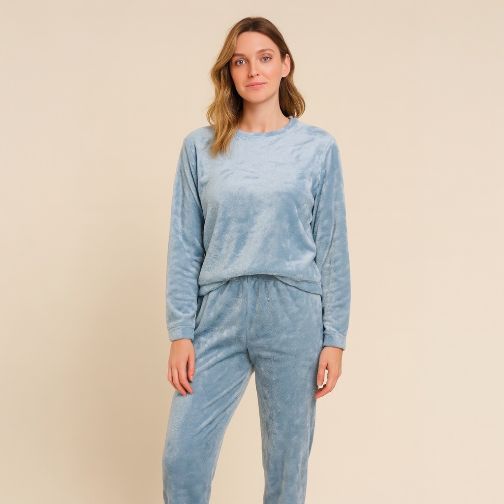 Pijama feminino manga longa quentinho fofinho pelúcia Azul