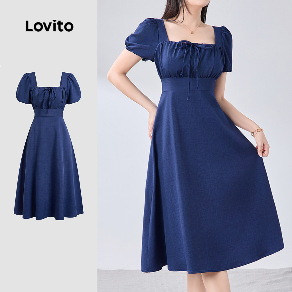 Lovito Vestido Casual de Renda com Estrutura Cordada Boa Textura Primavera/verão Azul escuro LBL26045 - Women Clothes