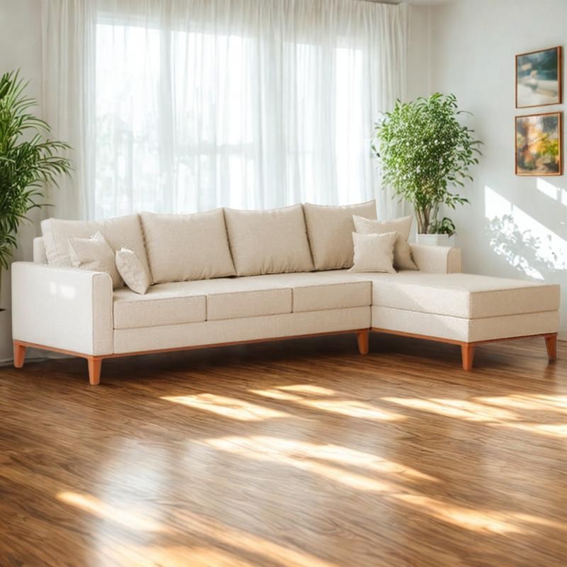 Sofá 4 Lugares Beny com Chaise Direito Linho Bege
