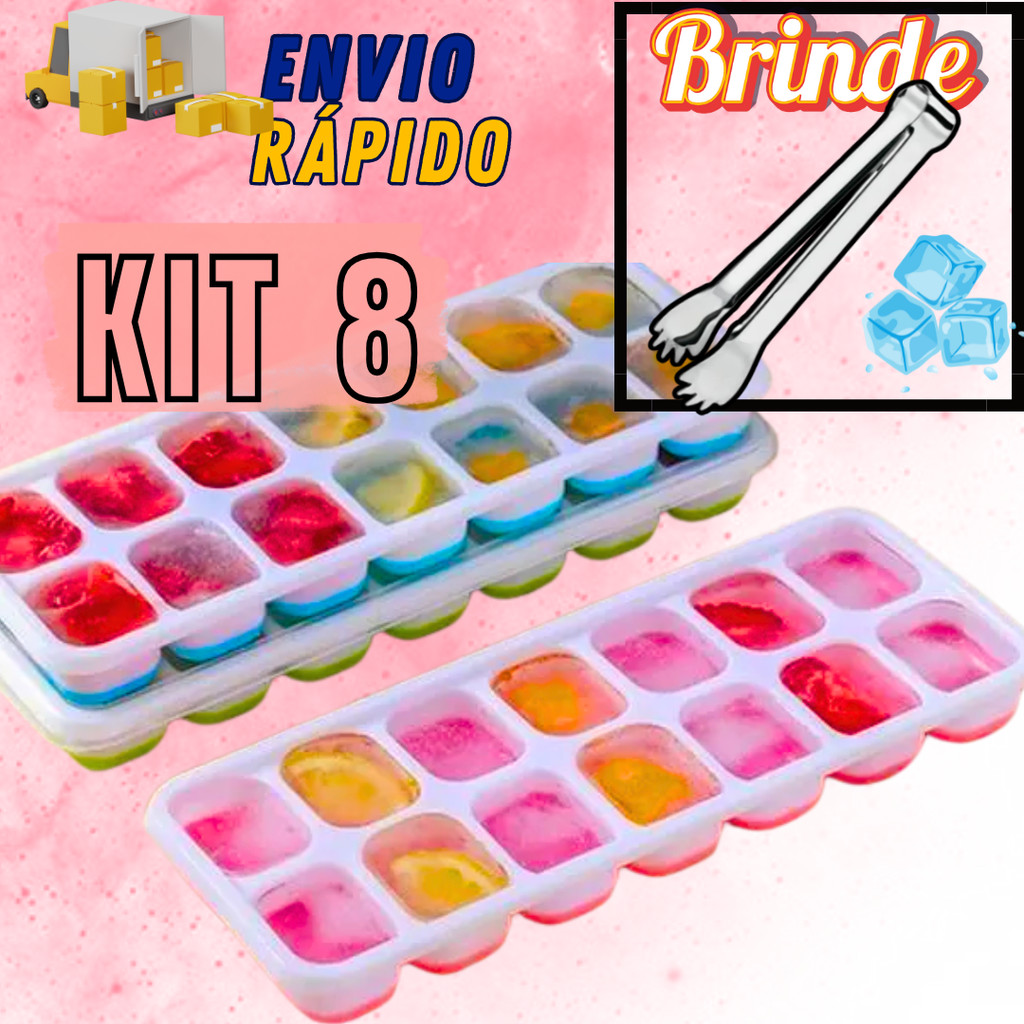 Kit 8 Formas De Gelo Fácil Desenformar Fundo De Silicone + Pegador De Silicone Em Aço Inox Cubo