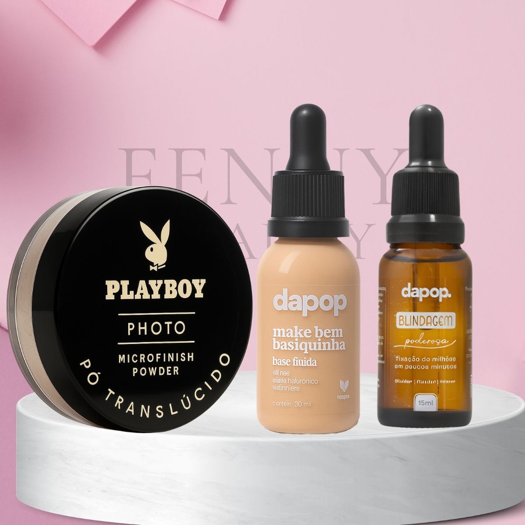 Kit Pó Microfinish Powder Playboy + Base Fluida Vegana Dapop + Blindagem Poderosa 15ml Dapop em Oferta na Shopee
