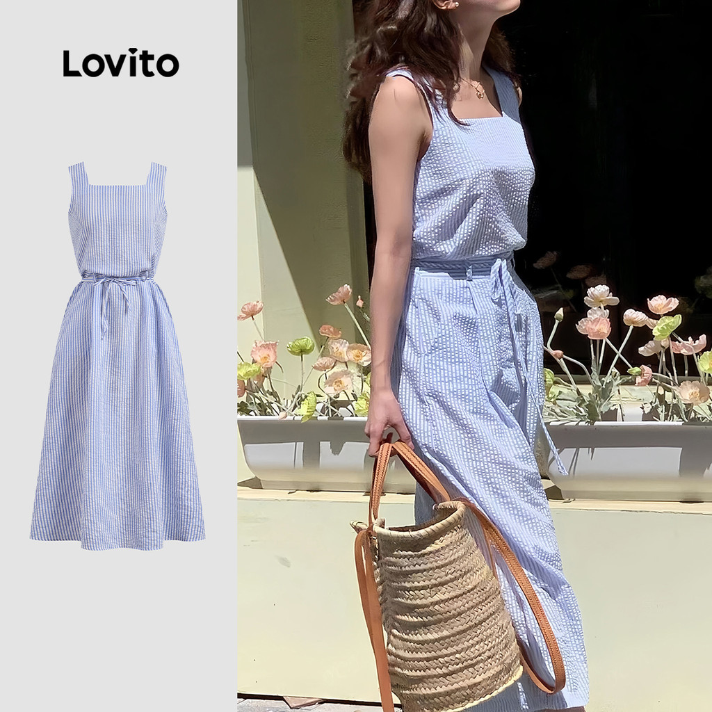 (New) Lovito Vestido Casual de Primavera/verão Azul com Bolso e Cinto para mulheres L142LD431