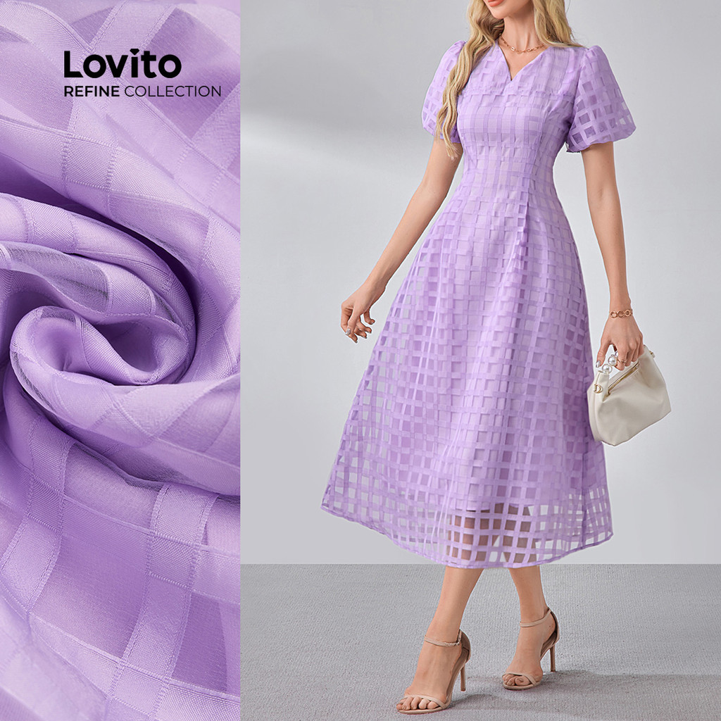 (NEW) (Lovito Refine) Vestido Jacquard de Dupla Camada para Todas Lilás Claro para Mulheres LR13L137 em Oferta na Shopee
