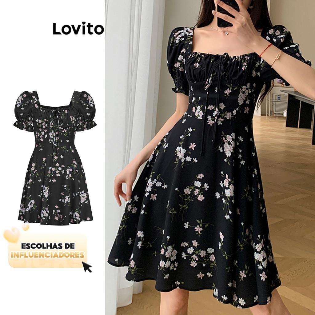 (KOL‘s pick) Lovito Casual Vestido Feminino Floral Amarrado L68ED190 (Preto)