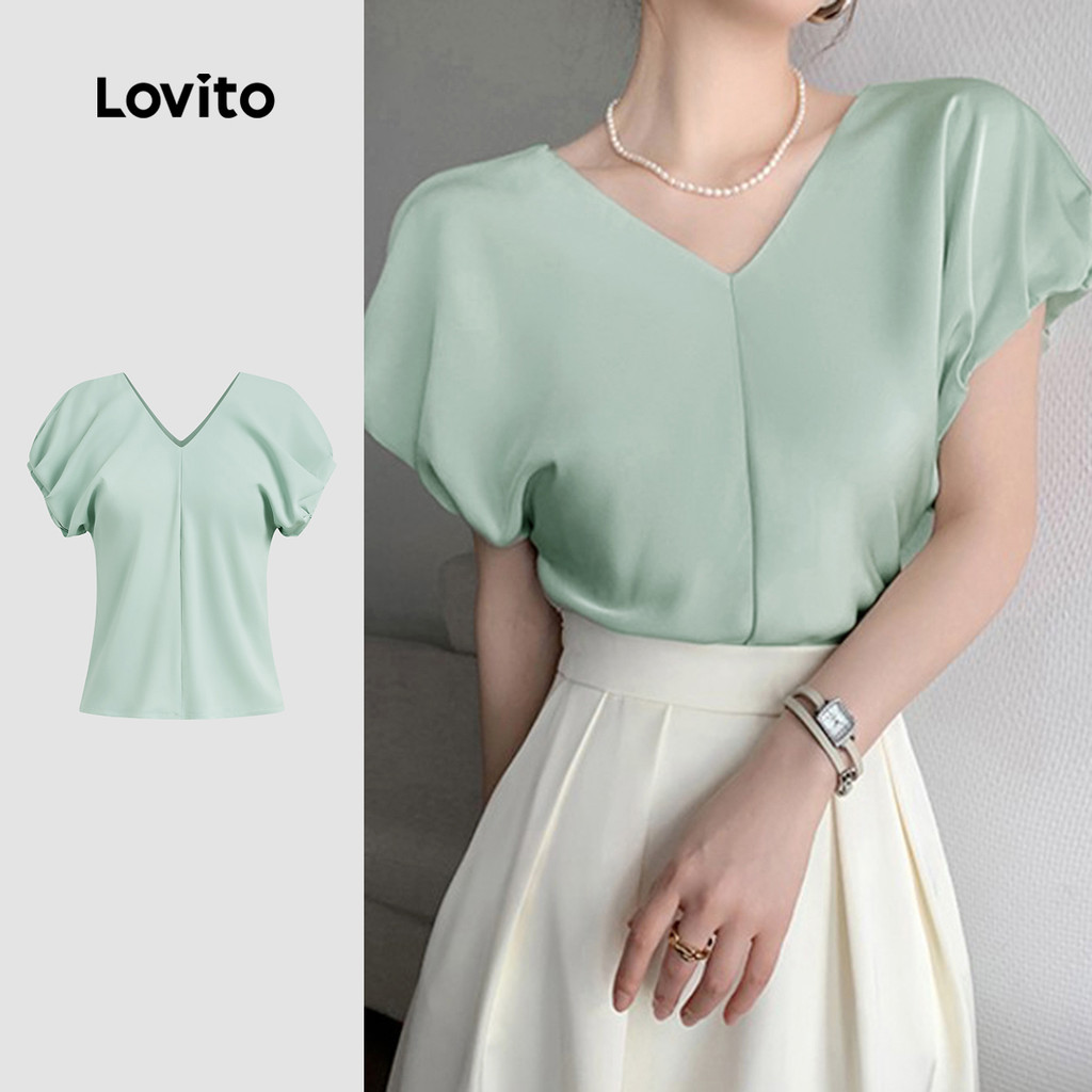 (New) Lovito Blusa Elegante com Drapeado Simples para Primavera/verão Verde para Mulheres L142ED087 em Oferta na Shopee
