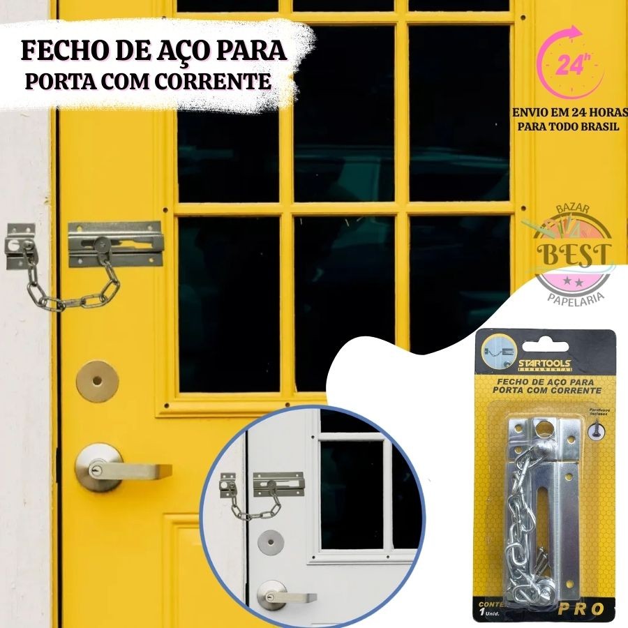 Fecho Tranca De Porta Segurança Trava Pega Ladrão Ferrolho Fechadura Trinco Com Corrente Casa Apto