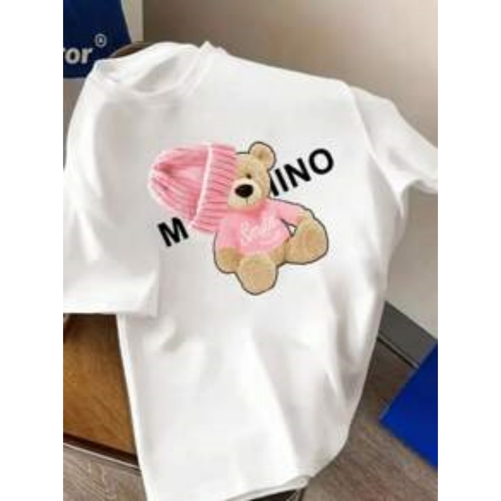 Bonito Camiseta Feminina Com Estampa De Urso, Gola Redonda, Boné Rosa E Estampa "MIA", Camiseta Casual De Manga Curta