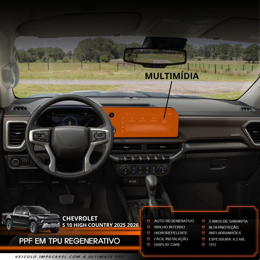 Película PPF Proteção Kit Multimídia Chevrolet S10 High Country 2025 2026 Transparente TPU Anti Risco