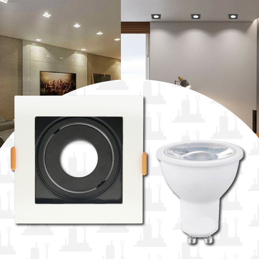 Kit 5/10 Spot Recuado Preto e Branco mais lampada Dicroica 6,5w/7w Mr16 com Soquete gu10 Emb Quadrado