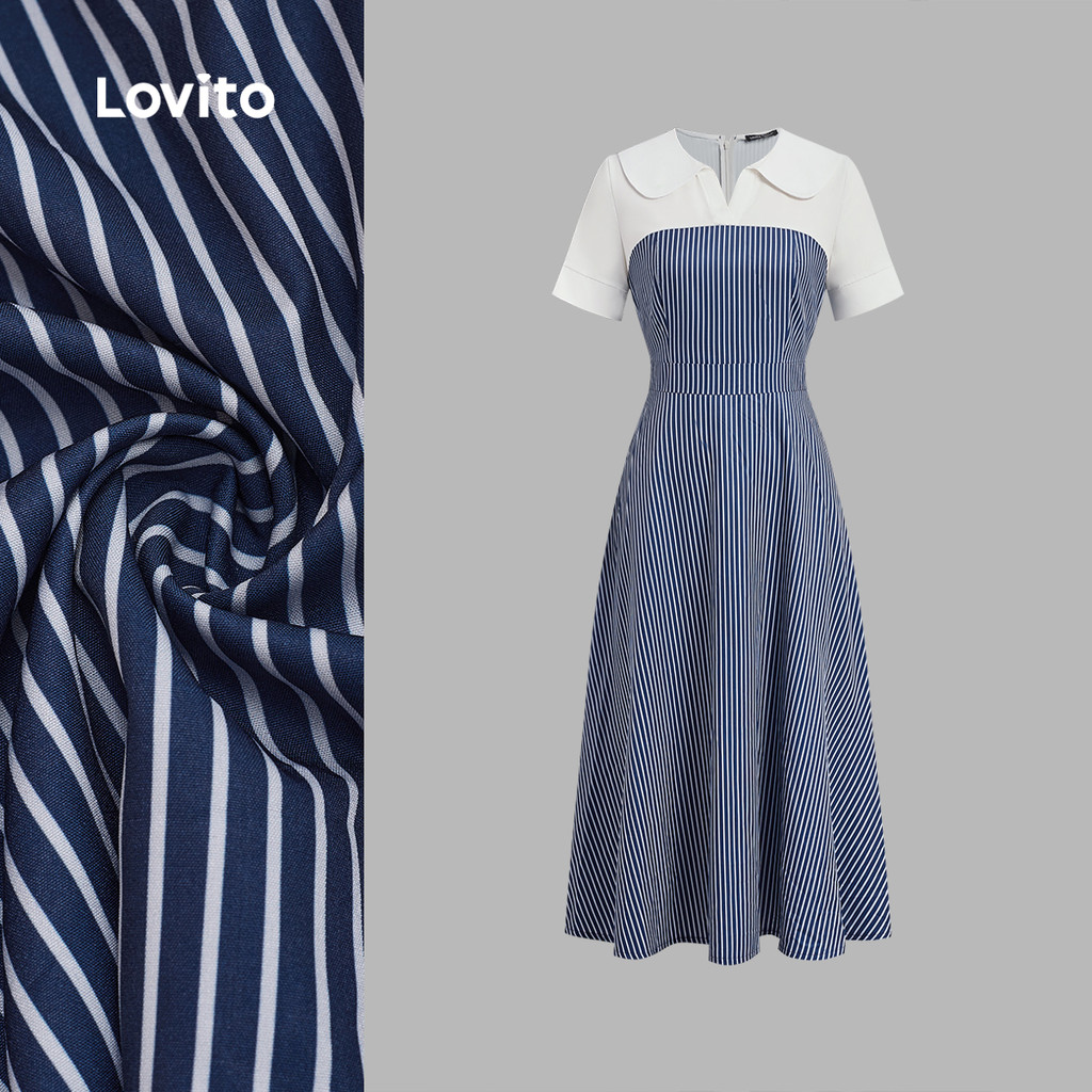 (New) Lovito Vestido Elegante Geométrico Primavera/verão Vestido Azul Escuro para Mulheres L149ED146 em Oferta na Shopee