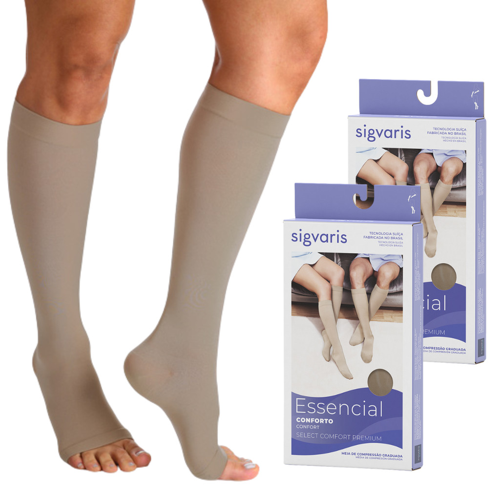 Kit 2 Pares - Meia De Compressão Panturrilha 3/4 Ponteira Aberta Sigvaris Premium - Varizes Edema Trombose
