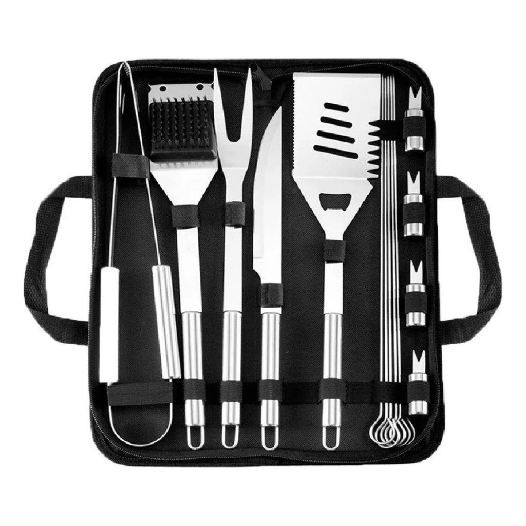 Kit Churrasco Inox Maleta Premium Churrasqueiro Profissional Preto 18 Peças