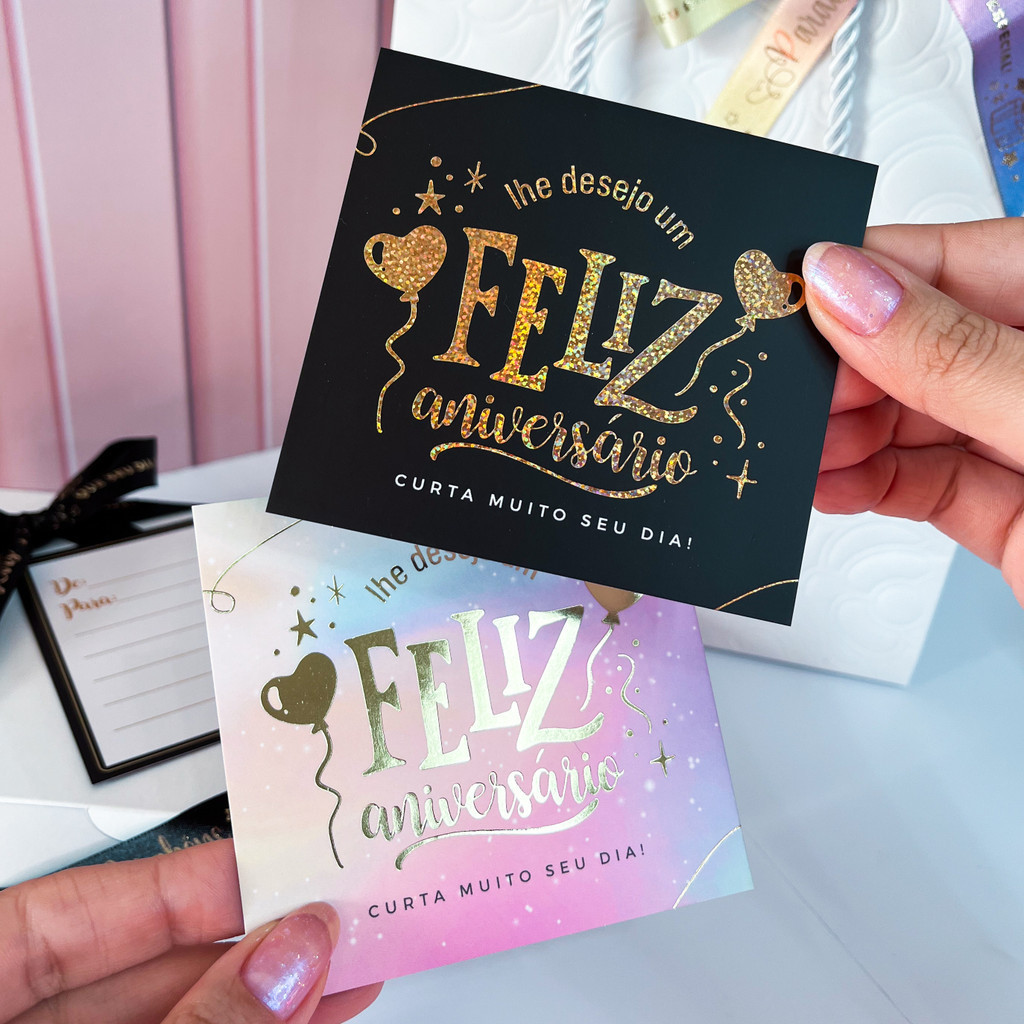 10 ou 25 Postais ANIVERSÁRIO - com Hotstamping - Cartões para presentes ou encomendas em Oferta na Shopee