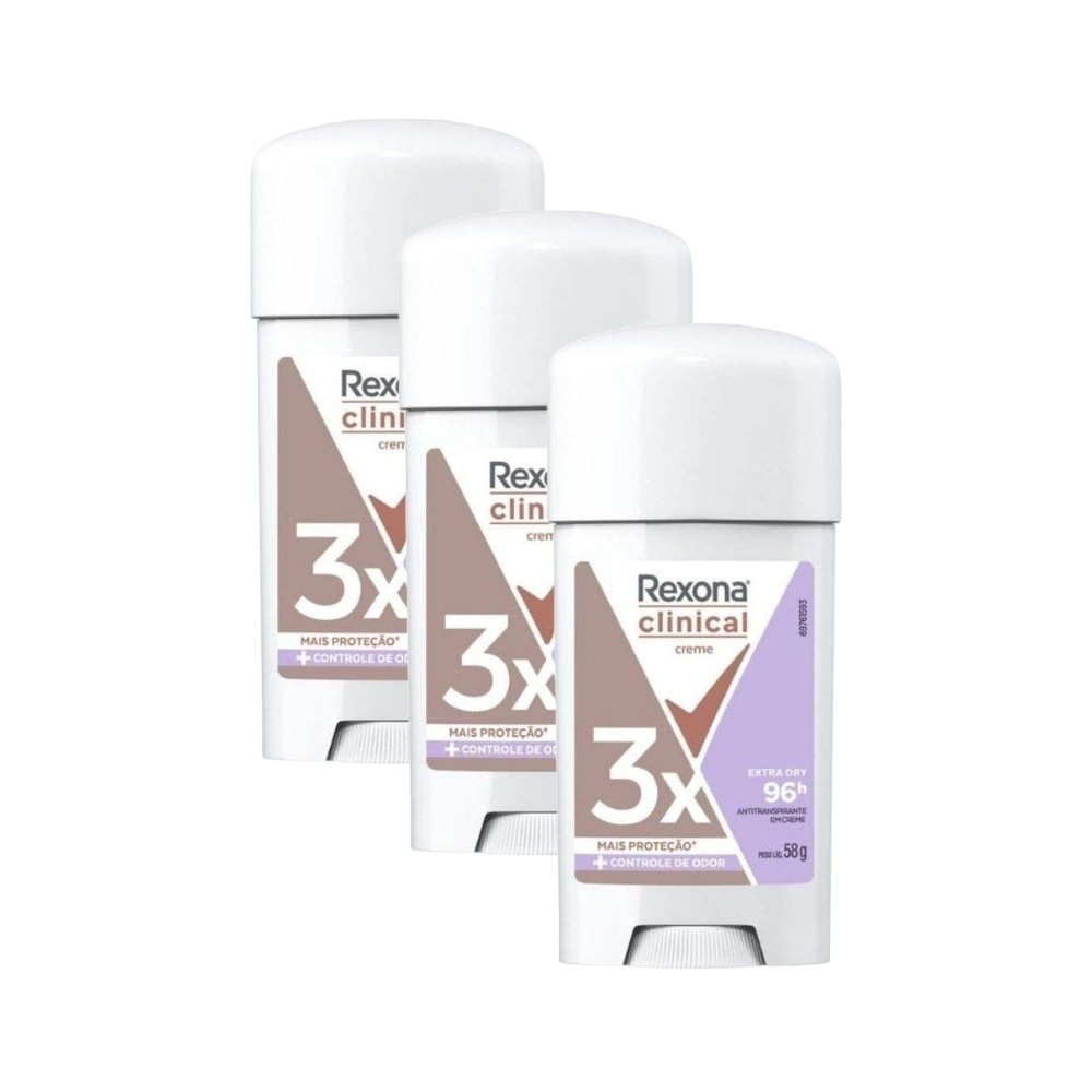Kit Desodorante Rexona Clinical Extra Dry Antitranspirante 96h Creme 58g (3 unidades)