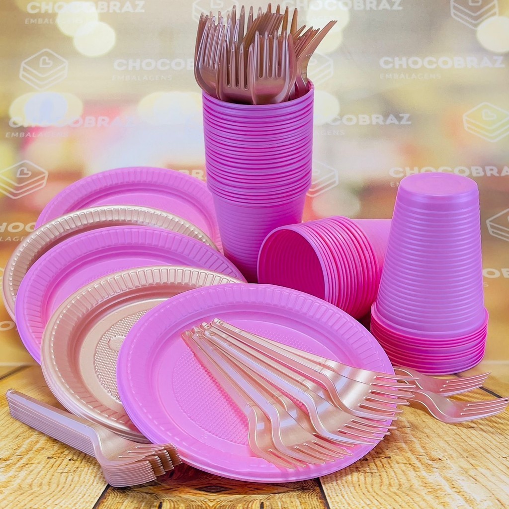 Kit Festa 50 PESSOAS DESCARTAVEIS ROSA CANDY E ROSE GOLD GARFO + PRATO + COPO em Oferta na Shopee