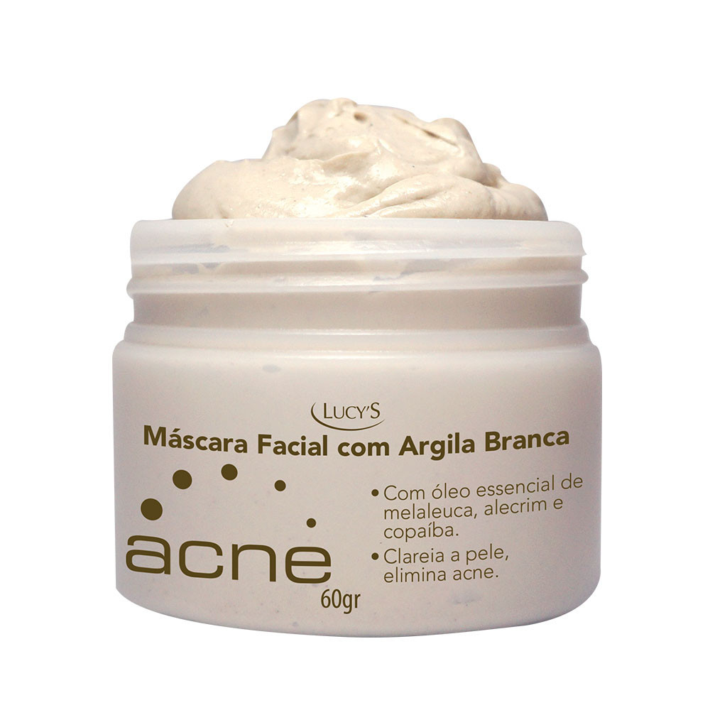 Máscara Acne Argila Branca Facial Clareadora da Pele Tratamento Acnes e Cravos Melasma Sardas Lucy's 60g