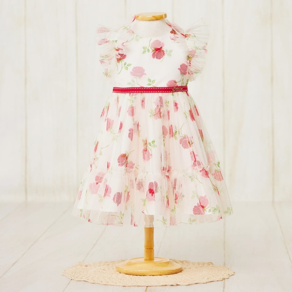 VESTIDO INFANTIL BEBE  TULE POA ESTAMPA ROSAS VERMELHAS 1327 - Bambollina