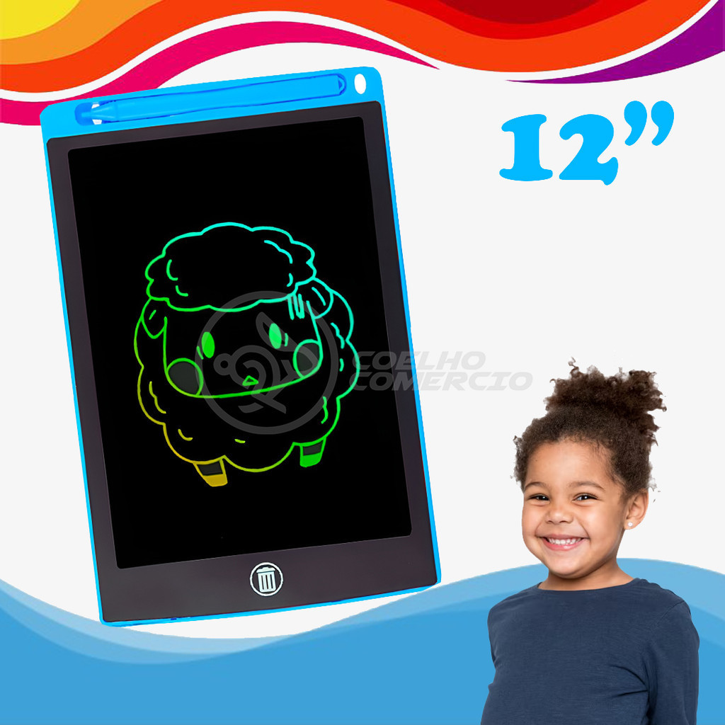 Lousa Mágica Digital Azul de 12" Desenhos e Anotações Coloridas Botão de Apagar Tablet Te…