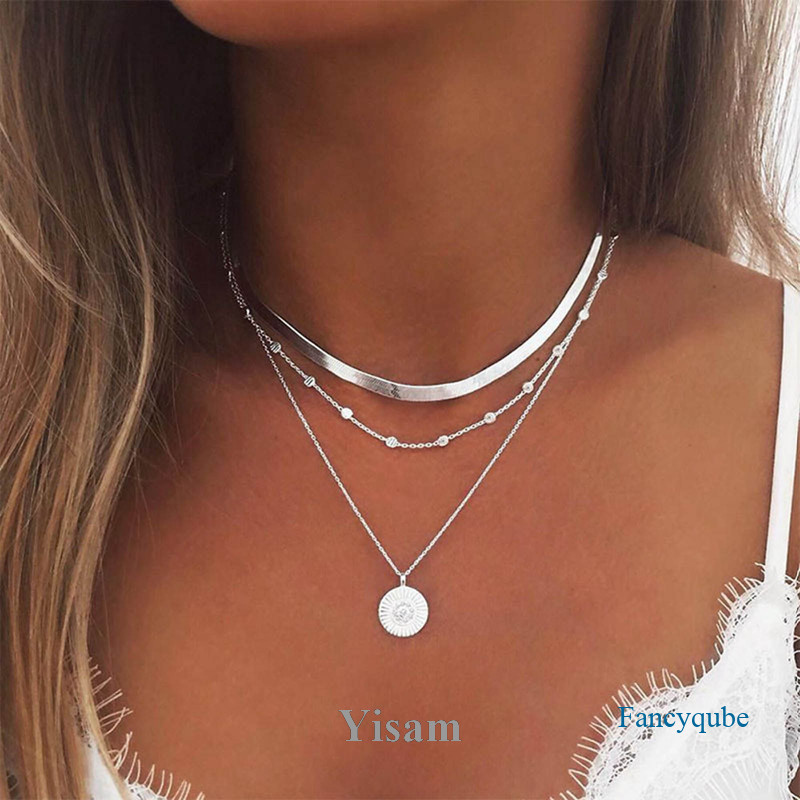 Yisam Fashion Layered Necklaces Colares De Moda Lâmina De Cobra Corrente De Prata Ouro Moeda Pingente Colar Boho Jóias De Contas Para Meninas Festa