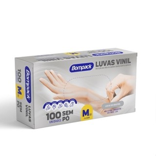 Luva Vinil M Sem Pó Descartável 100 unidades Bompack em Oferta na Shopee